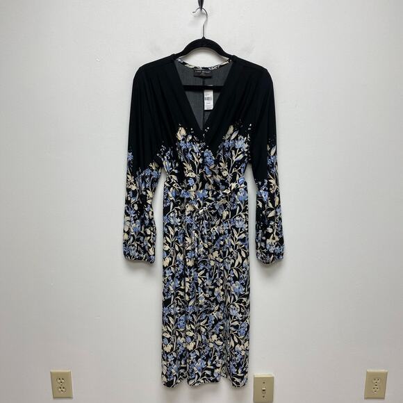 Lane Bryant Women Black Blue Floral Belted Jersey Midi Faux Wrap Dress 18/20 $89 - Picture 1 of 7